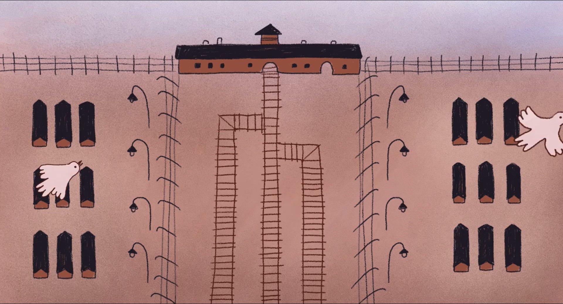 Fimlbild aus ZIRKUSKIND, gezeichnet, Animation, zeigt das Konzentraionslager AUSCHWITZ-BIRKENAU aus der Vogelperspektive, zwei weiße Vögel fliegen darüber