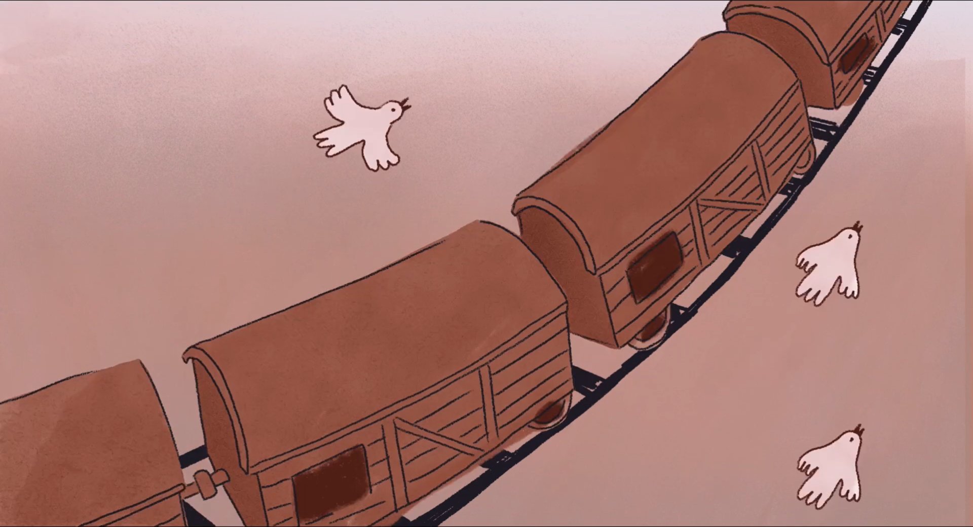 Fimlbild aus ZIRKUSKIND, gezeichnet, Animation, zeigt geschlossene Wagons auf Schienen begleitet von drei weißen Vögeln