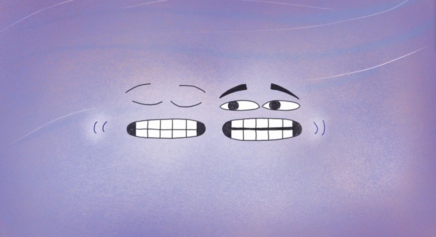 Das Bild zeigt mit Augen und Mund der Kinder, wie sehr sie frieren. Der Hintergrund ist eisig-blau.